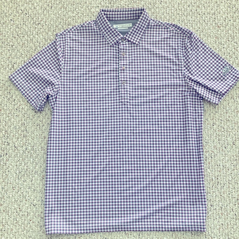Men’s large golf shirt.  EUC. Magenta, gray and white plaid.